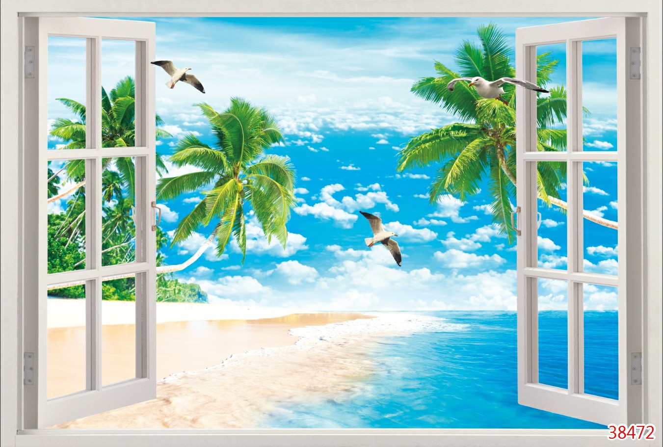 Tranh dán tường 3d cửa sổ phong cảnh thiên nhiên trang trí phòng khách phòng ngủ giá rẻ đẹp chất liệu decal pp keo sẵn bóc dán PA