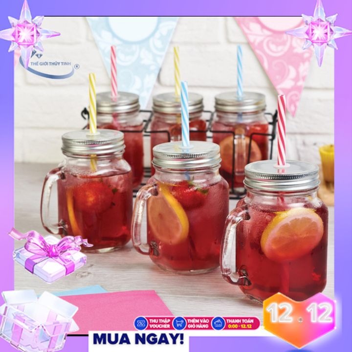 [HCM]BỘ 10 Ly Quai Thủy Tinh Trà Sữa 450ML - Nắp Ngẫu Nhiên