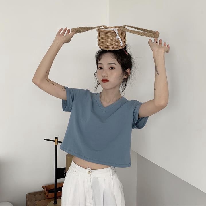 Áo thun nữ croptop cổ tim Đủ màu siêu dễ thương