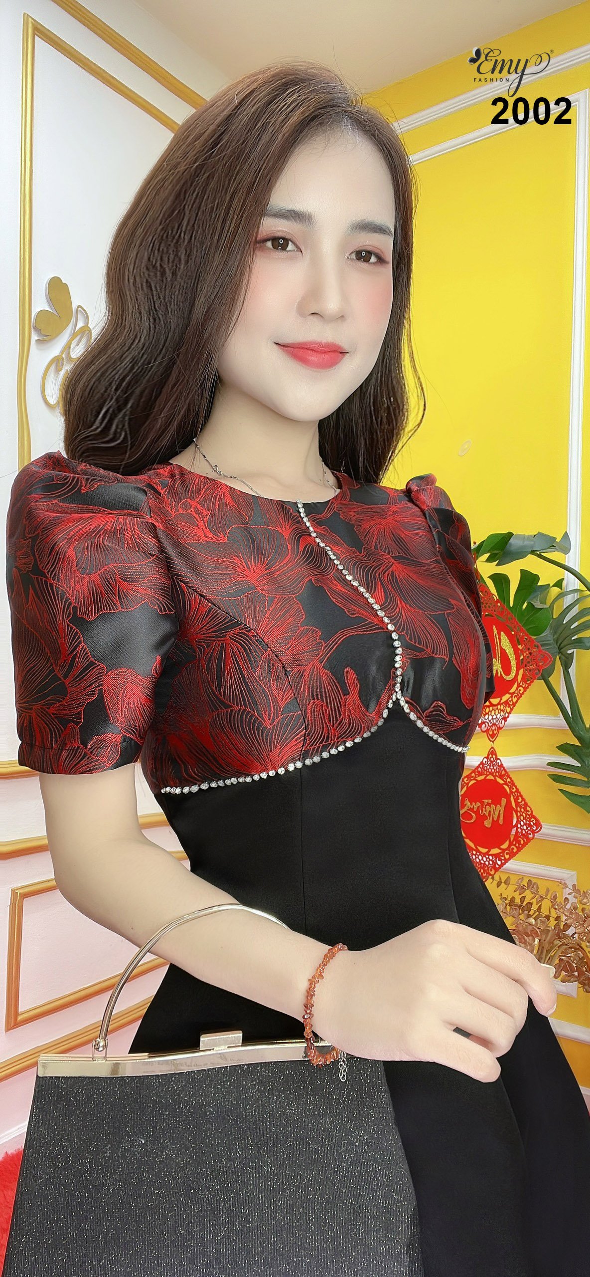 Đầm EMY EM2002 Xoè Gấm Phối