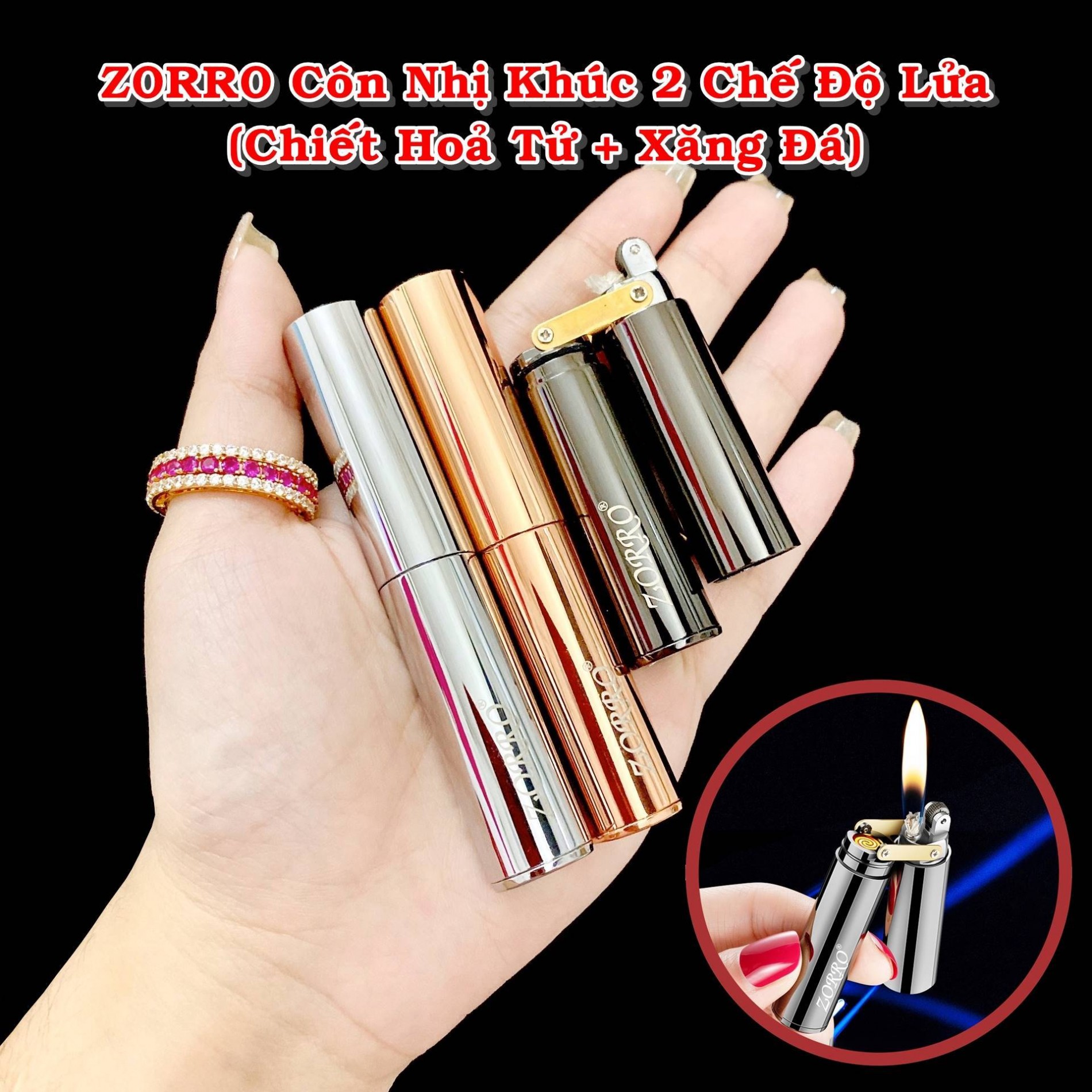 Bật lửa zorro côn nhị khúc 2 chế độ lửa - vàng, đen,bạc