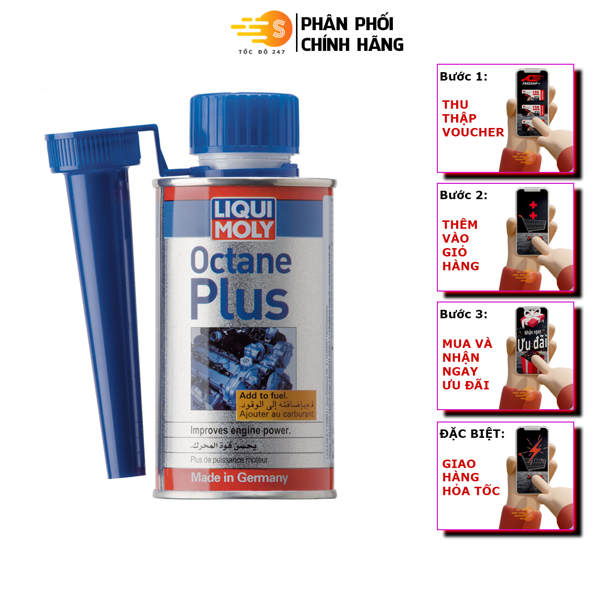 Phụ gia tăng chỉ số octane cho xăng Liqui Moly 2956 - Tốc Độ 247, Tối ưu hiệu suất động cơ do tối ưu hóa quá trình đốt cháy nhiên liệu. Tăng chỉ số RON trong xăng