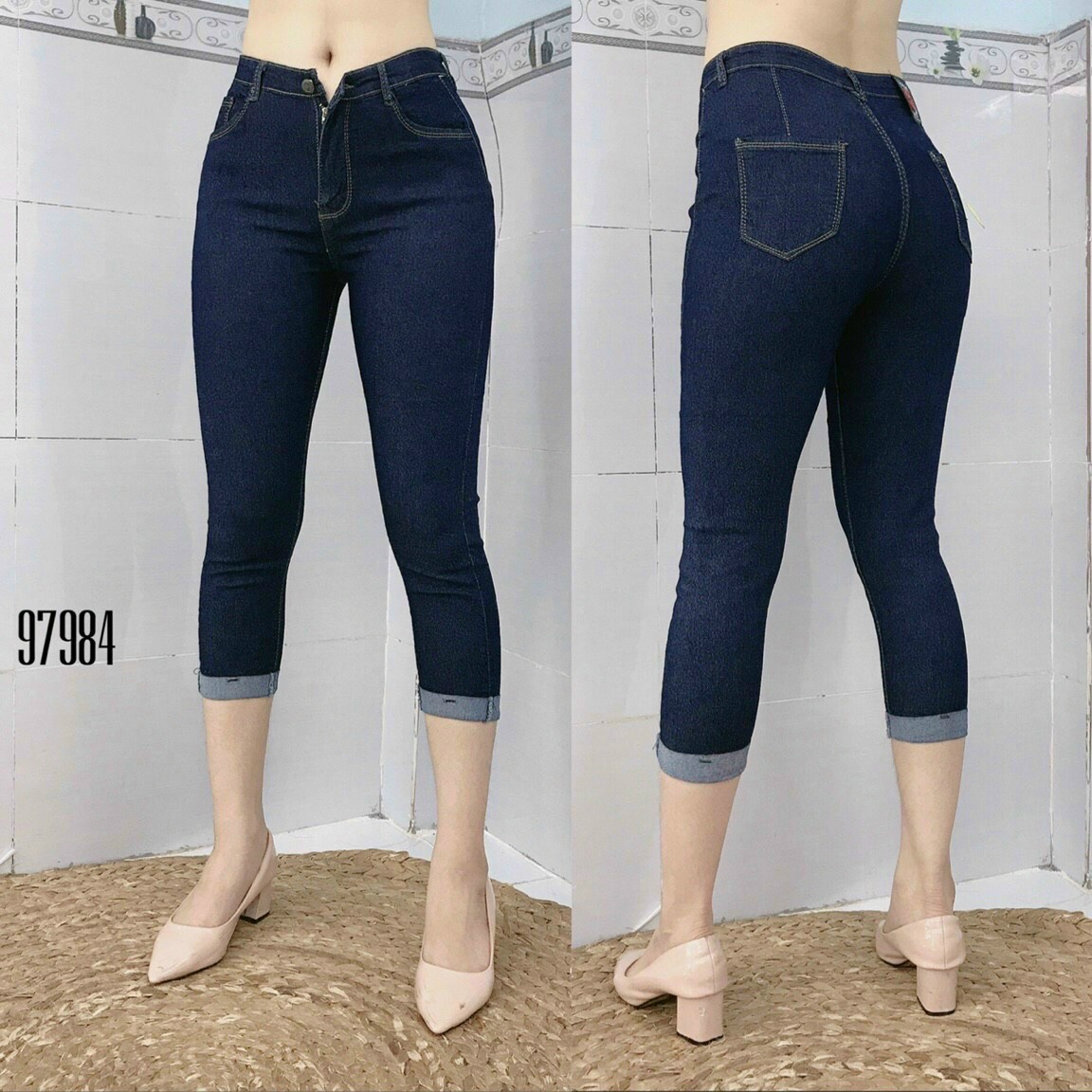 Quần Jean Nữ 9 Tấc Lỡ Lưng Cao Jean Giấy Mềm Mịn Hàng Co Giãn Mạnh Dáng Ôm Lai Lật