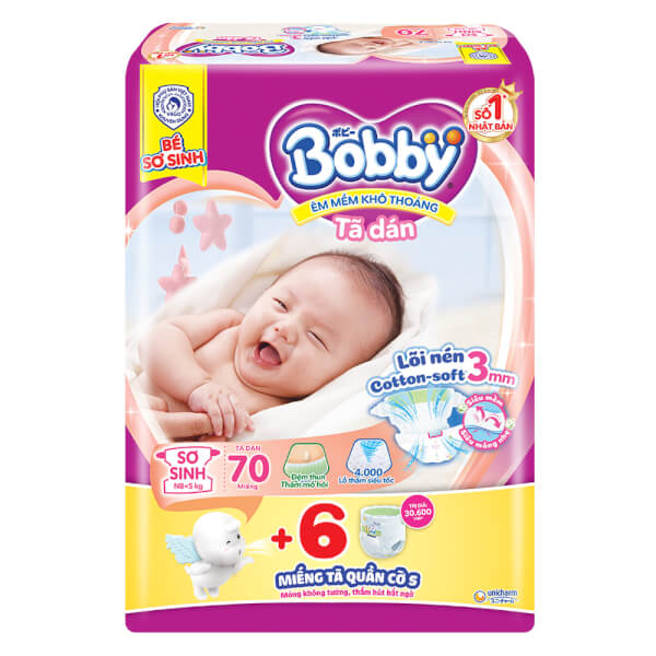 Tã dán/bỉm lót sơ sinh Bobby Newborn 1 ( 64 miếng/108 miếng + 6 tã dán) cho bé sơ sinh