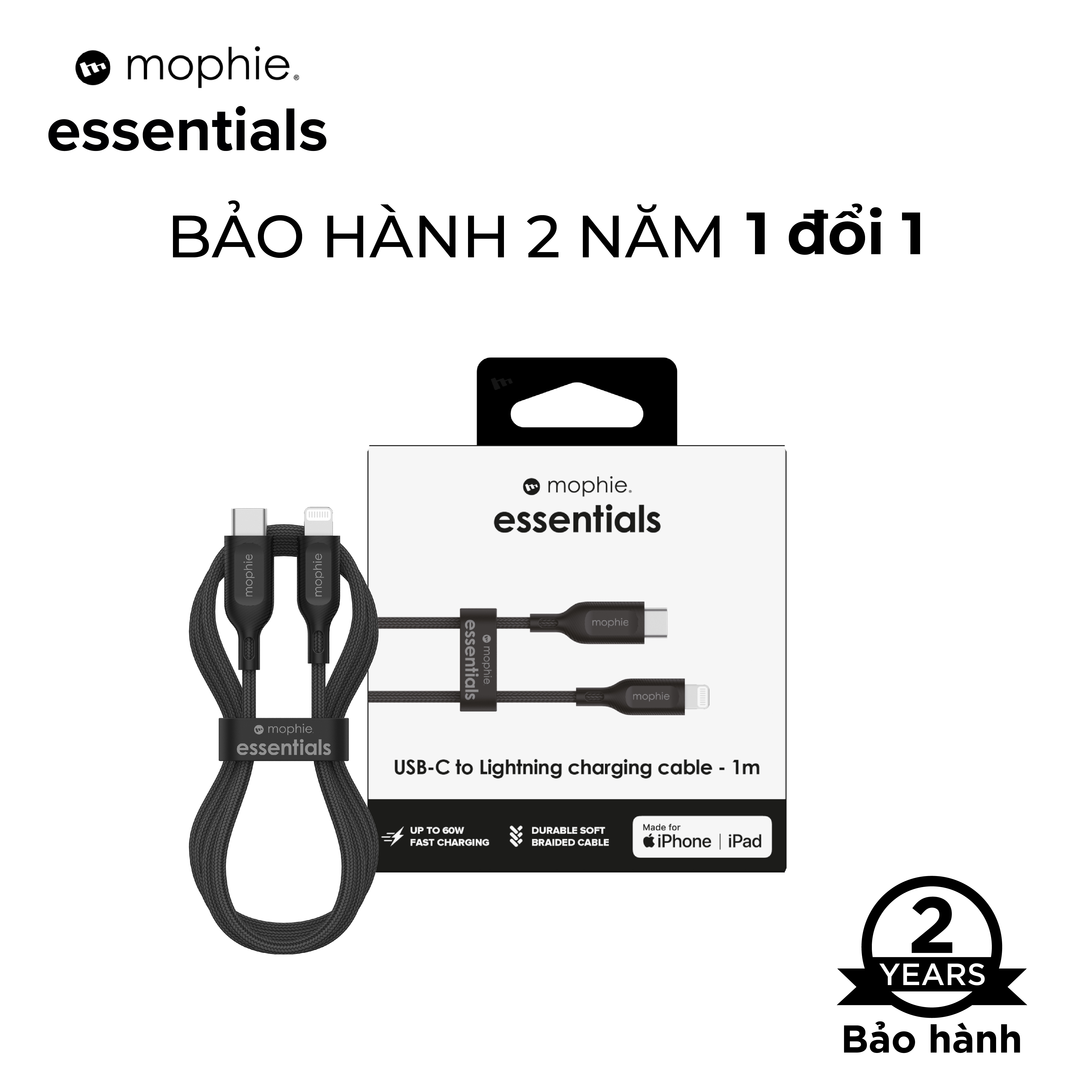 Cáp USB-C to Lightning Mophie Essentials 1M/2M - Đạt chuẩn MFI