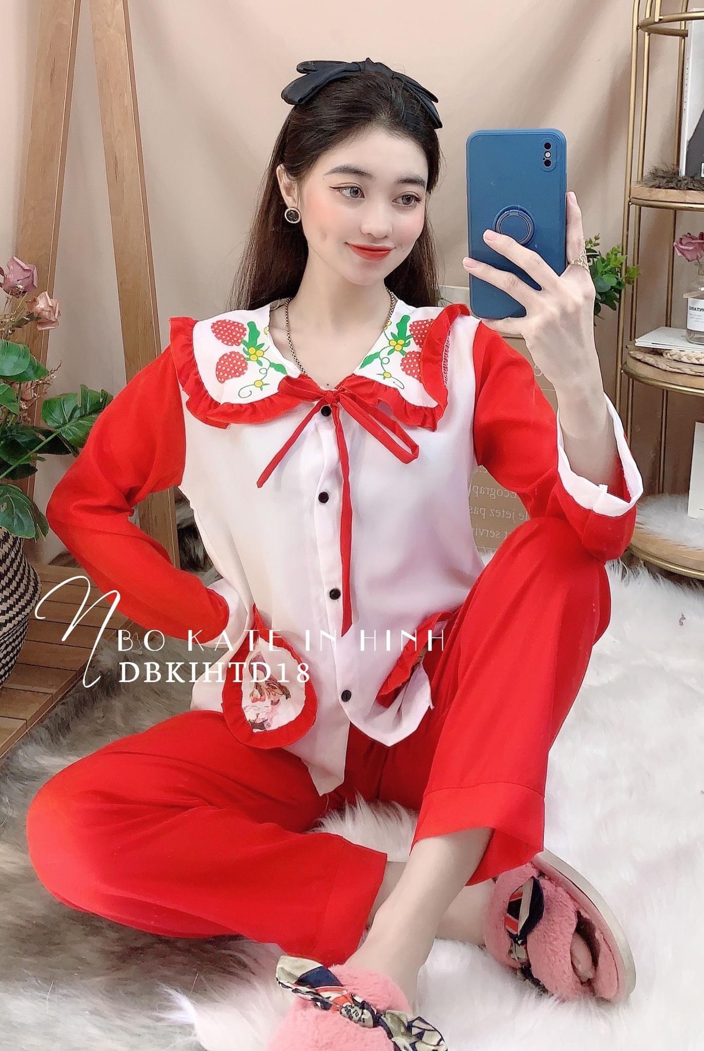 Đồ Bộ Pijama Tay Dài Vải Kate Lụa Cột Nơ Mềm Mại Freesize Dưới 58Kg