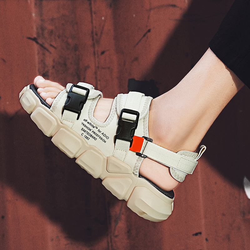 Dép nam đi biển 2 quai Velcro, dép co giãn có thể điều chỉnh, dép đế dày phẳng, dép thời trang mùa hè