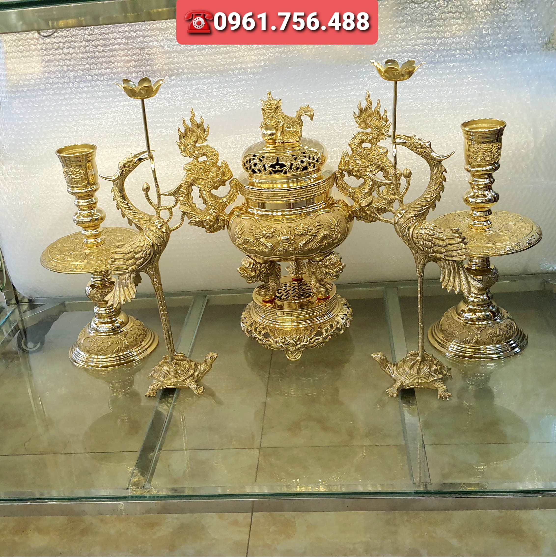 Bộ lư hương/đỉnh đồng vàng 50cm