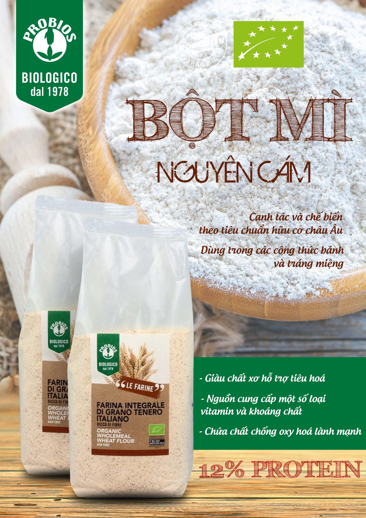 Bột mì đa dụng (bột số 11) và nguyên cám hữu cơ Probios - 1kg