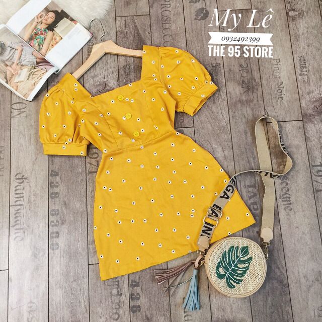 Đầm Váy Hoa Cúc Nhí Cổ Vuông Tay Bồng Siêu Xinh