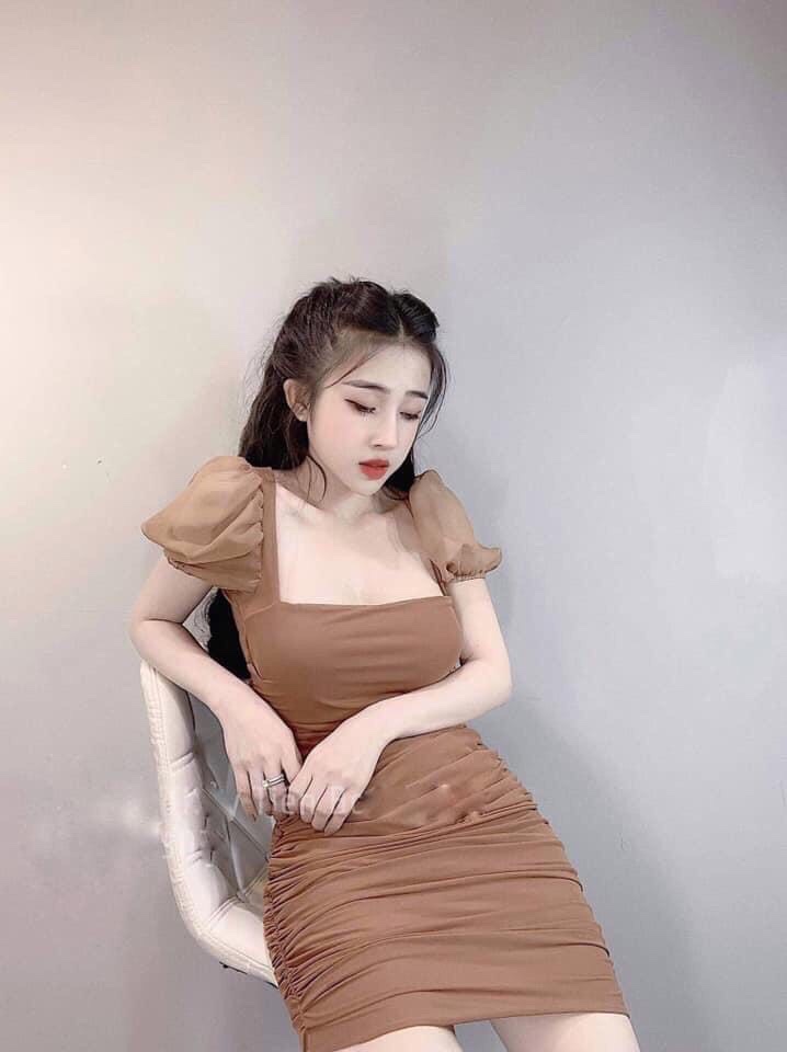 Đầm body cổ vuông tay phối lưới dễ thương
