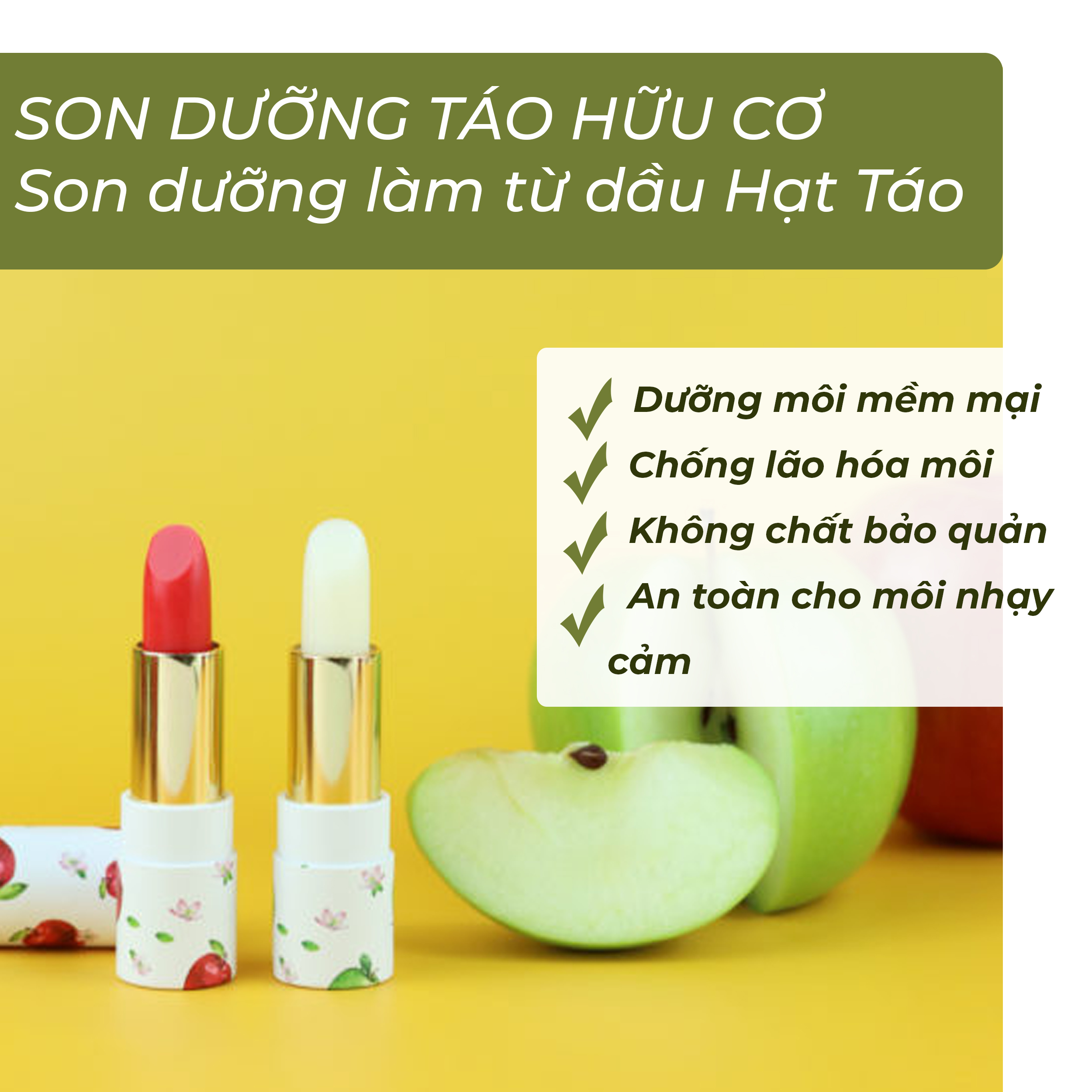 Son Dưỡng Môi - Son Dưỡng Táo Hữu Cơ Cỏ Mềm - Son Dưỡng Thuần Chay Bảo Vệ Môi Trường - Son Dưỡng Thiên Nhiên An Toàn
