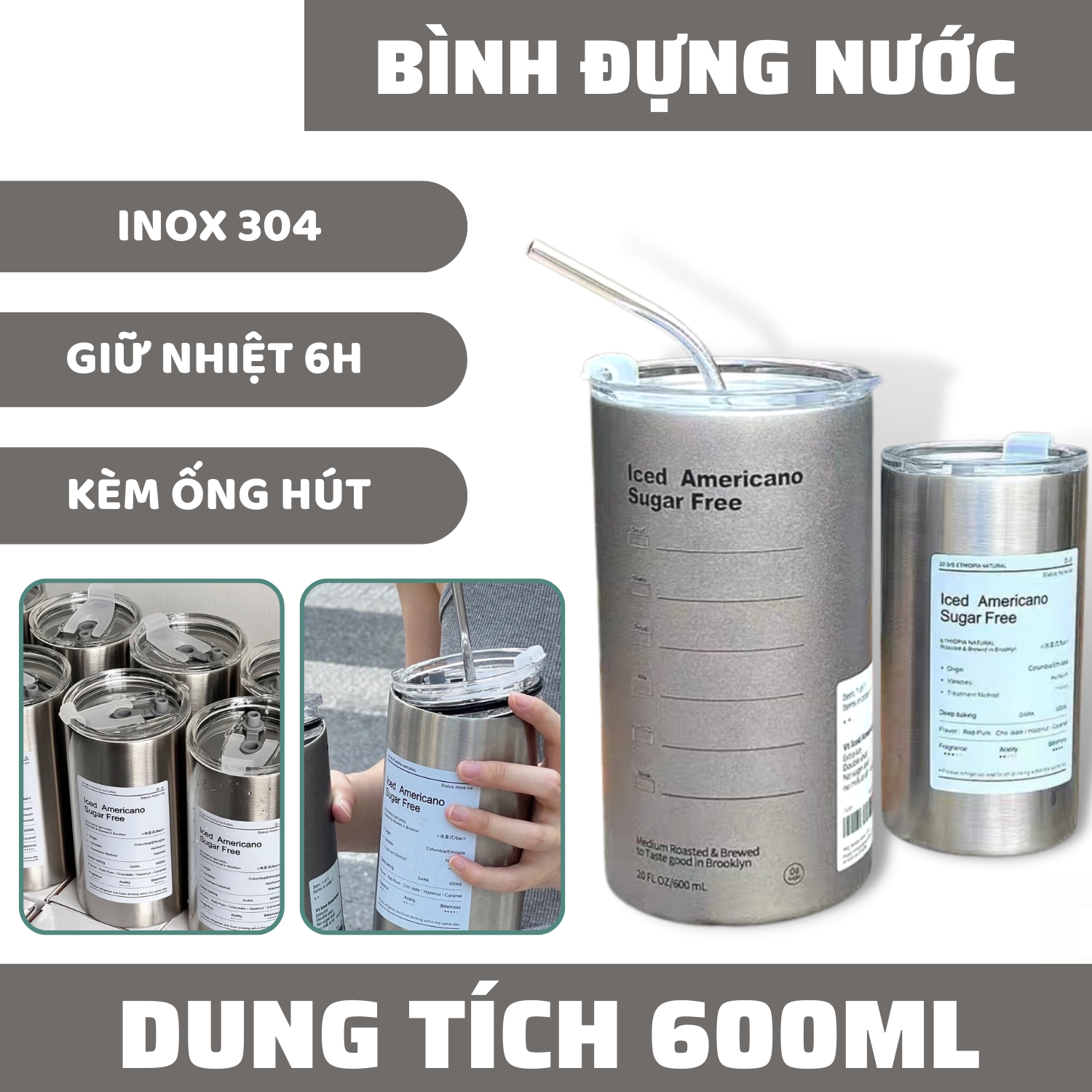 Cốc giữ nhiệt-bình nước giữ nhiệt bằng thép không gỉ có ống hút dung tích 600ml