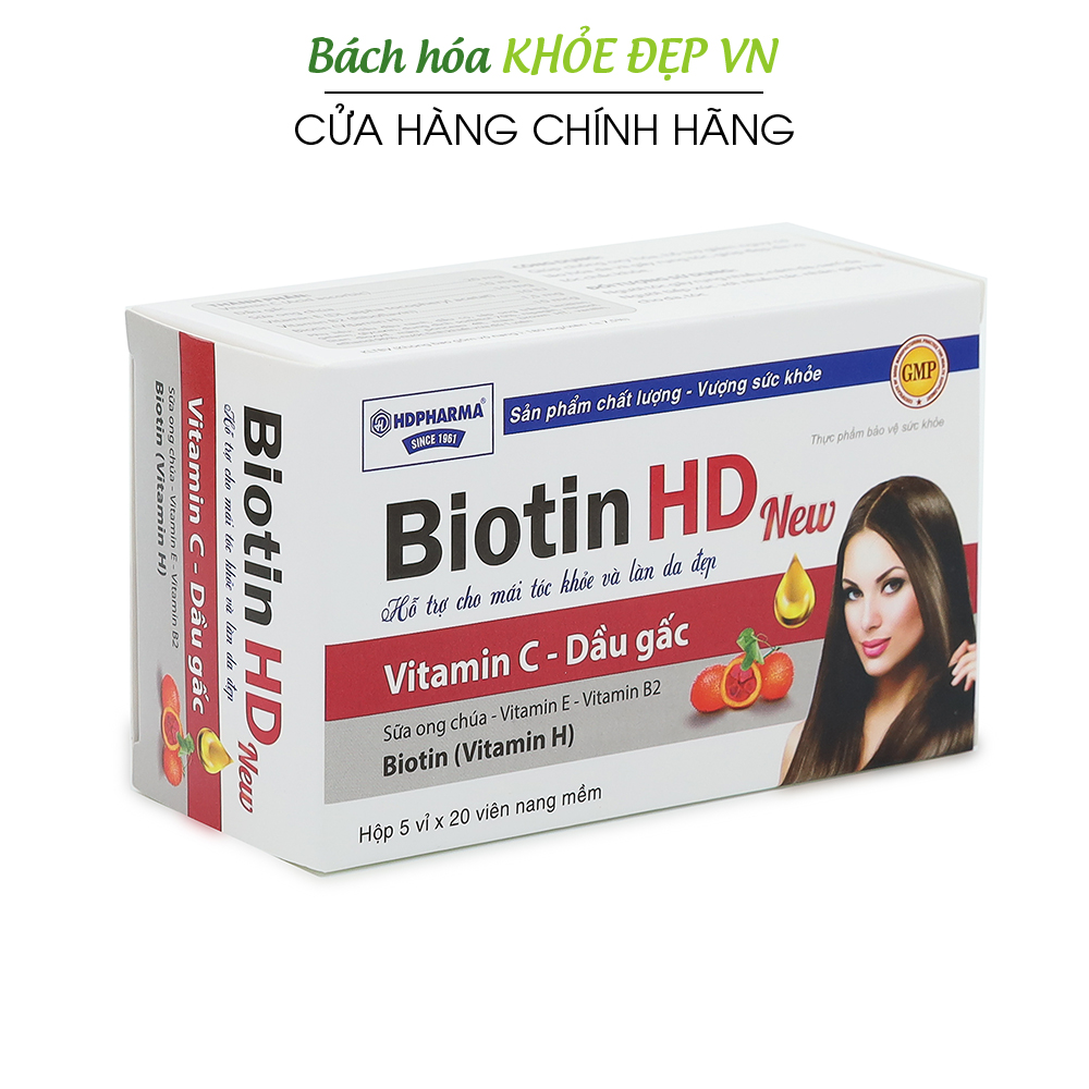 Viên uống Biotin HD New vitamin C dầu gấc giúp mái tóc khỏe sáng da giảm rụng tóc chống lão hóa - Hộp 100 viên