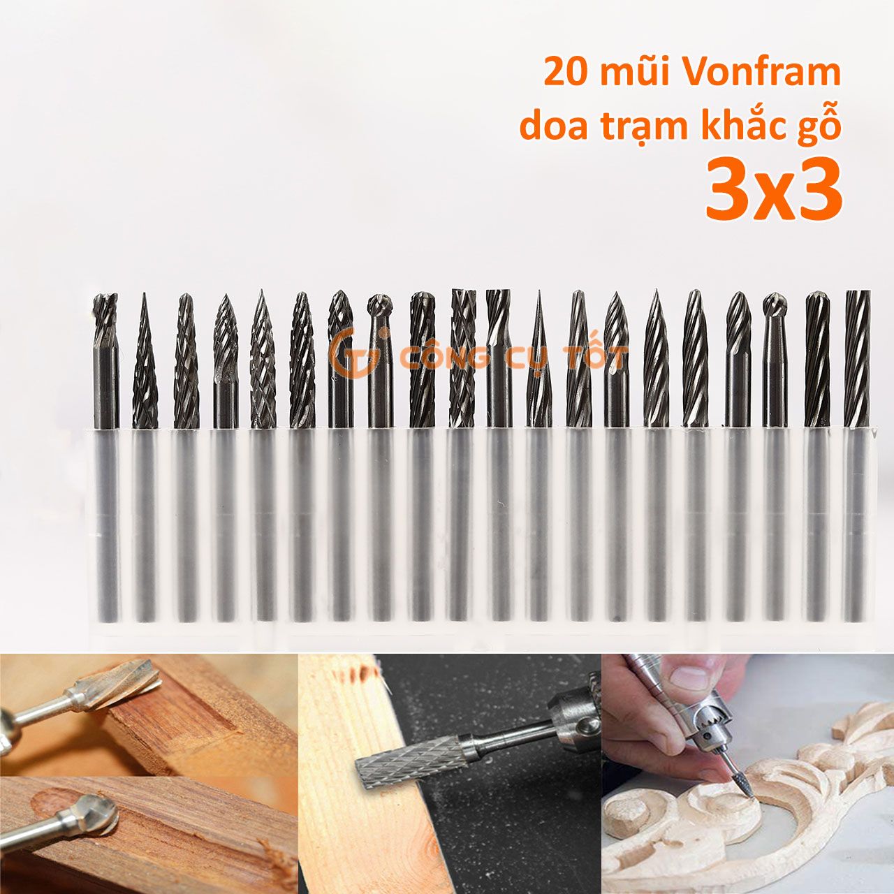 Bộ 20 mũi phay mài - trạm khắc gỗ vonfram trục cốt 3ly