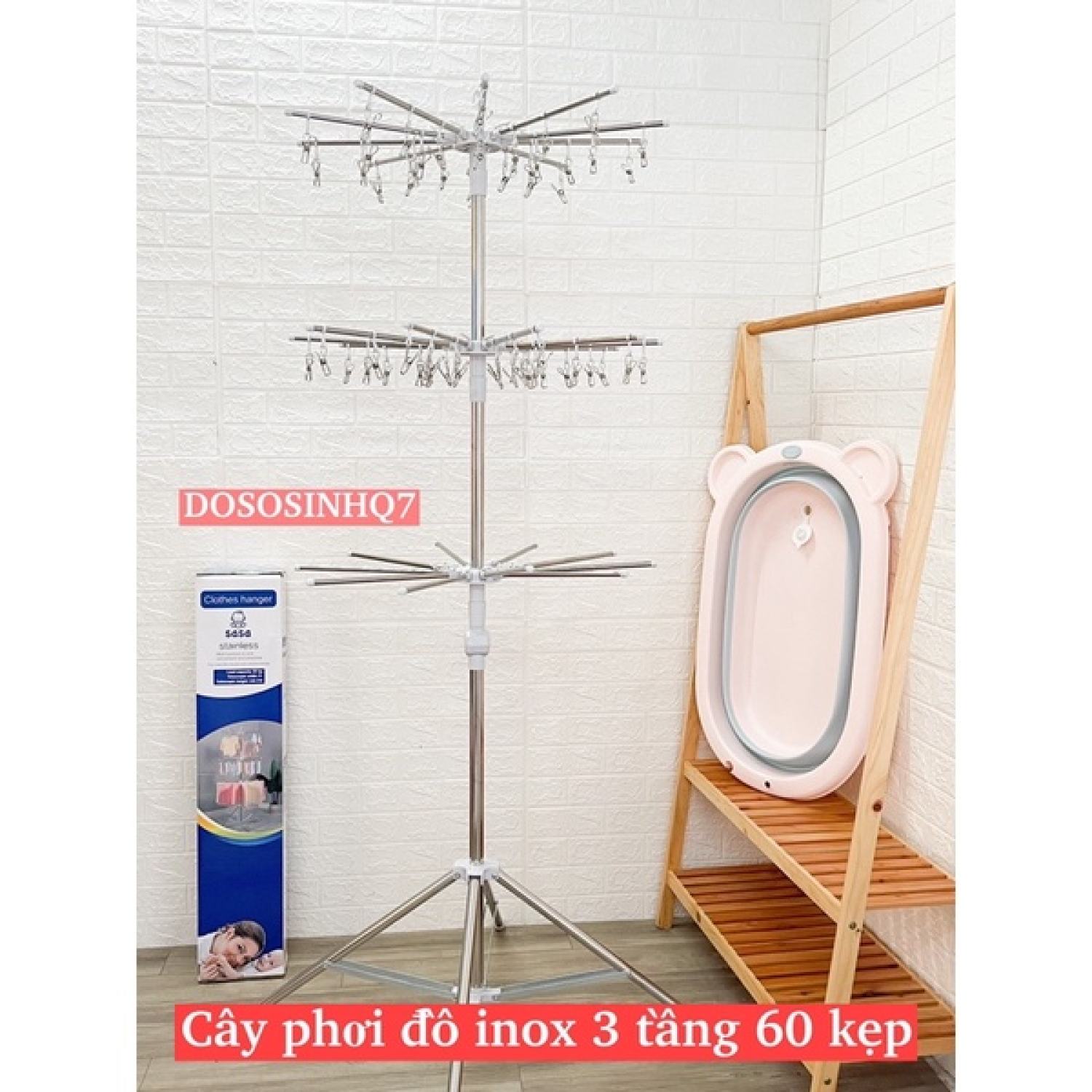 Cây phơi đồ đa năng cho bé inox 3 tầng 60 kẹp