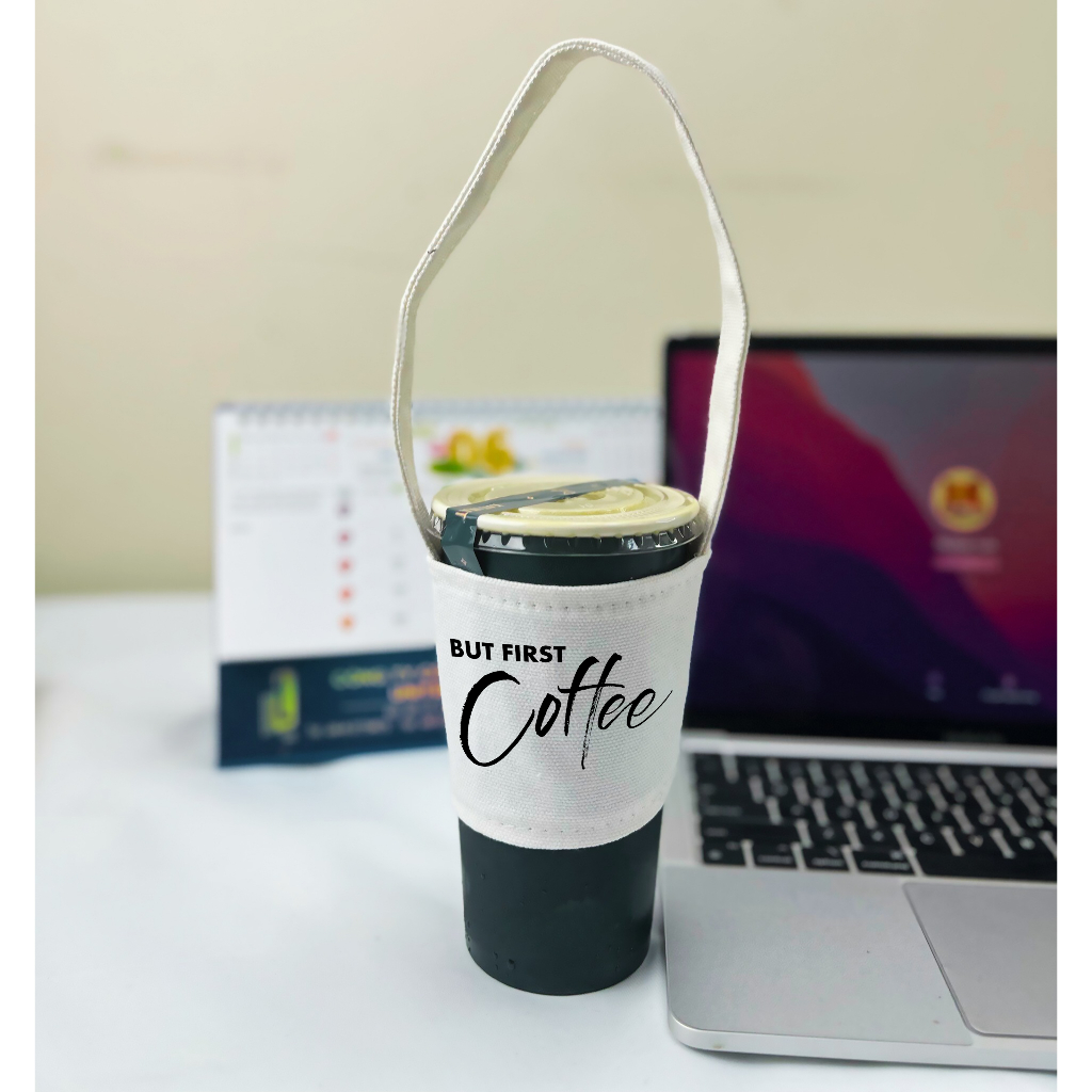 Túi vải Canvas màu trắng treo ly cốc kích thước 13x8.5x11cm in hình COFFEE Trương Gia Túi Vải - Túi Canvas