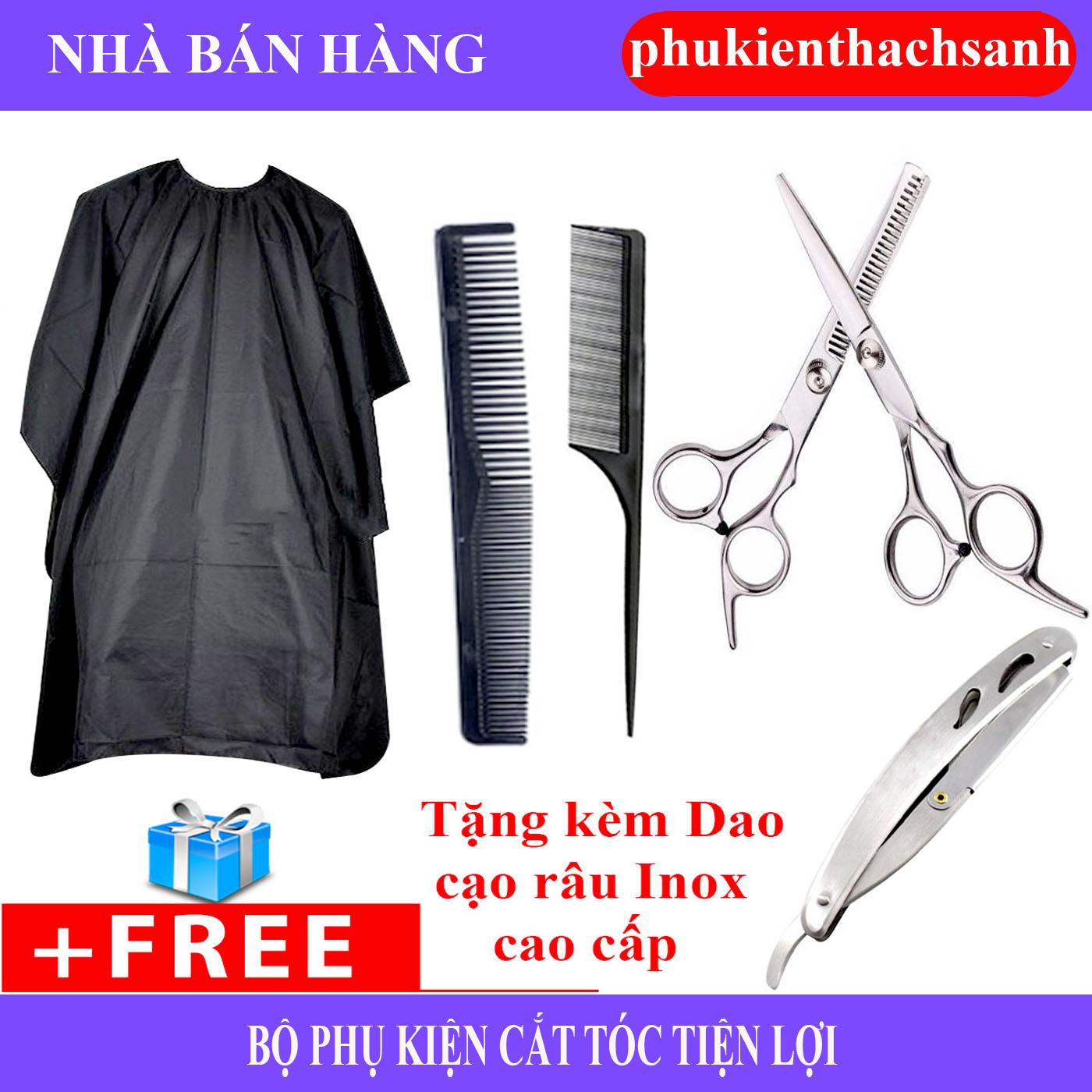 Combo Bộ Kéo cắt tóc và tỉa tóc + 2 cây lược + Áo choàng cắt tóc + Dao cạo đa năng