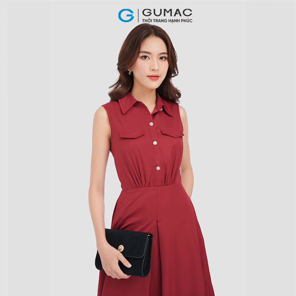 Đầm sơ mi GUMAC, đầm không tay 2 nắp túi DC08097