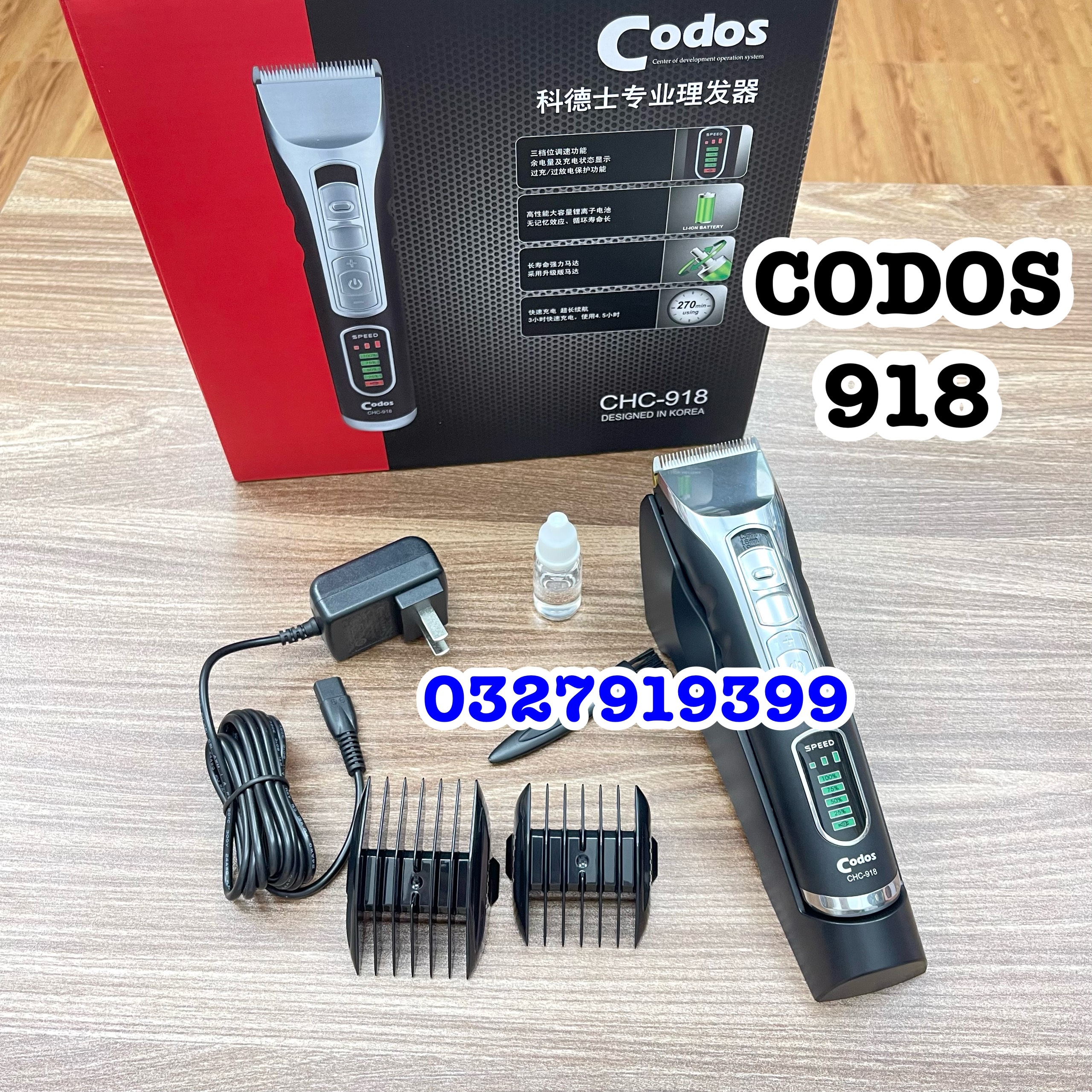 Codos Tông Đơ Cắt Tóc CHC-918 Chính Hãng Pin Lithium Ion 2600mAh 3 Mức Tốc Độ 7000rmp Dụng Cụ Làm Tóc Cao Cấp