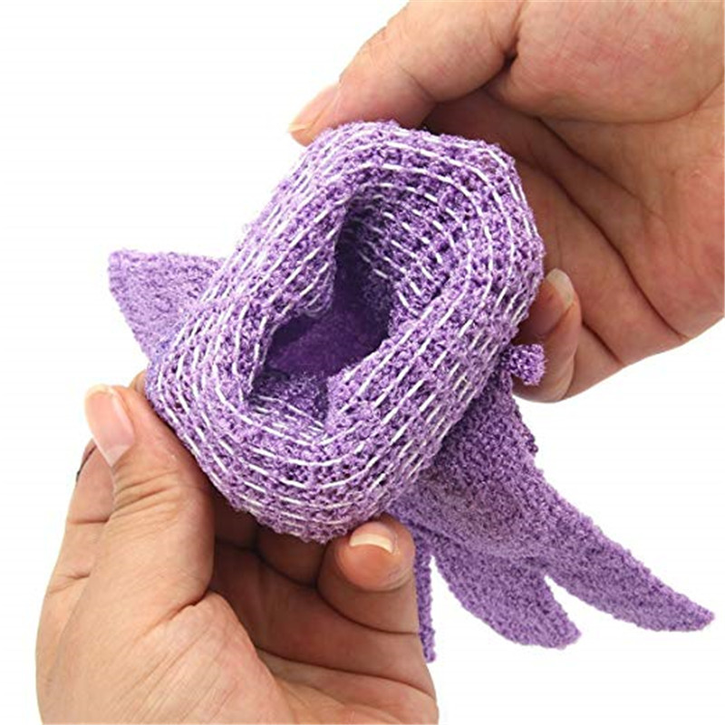 Multicolored exfoliating shower gloves