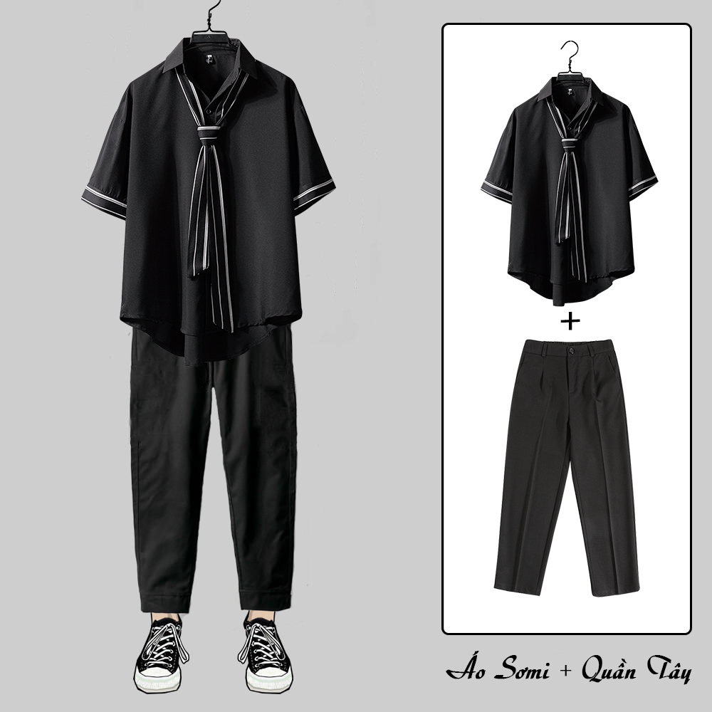 [Hoàn tiền 20%] Combo Áo Sơ Mi Nam Trơn Basic Phối Cà Vạt Kết Hợp Quần Tây Âu Chinos Dáng Baggy Phối Lưng Chun Hàn Quốc Thanh Lịch FASHION4MEN SOMI 15 + JOGGER 63