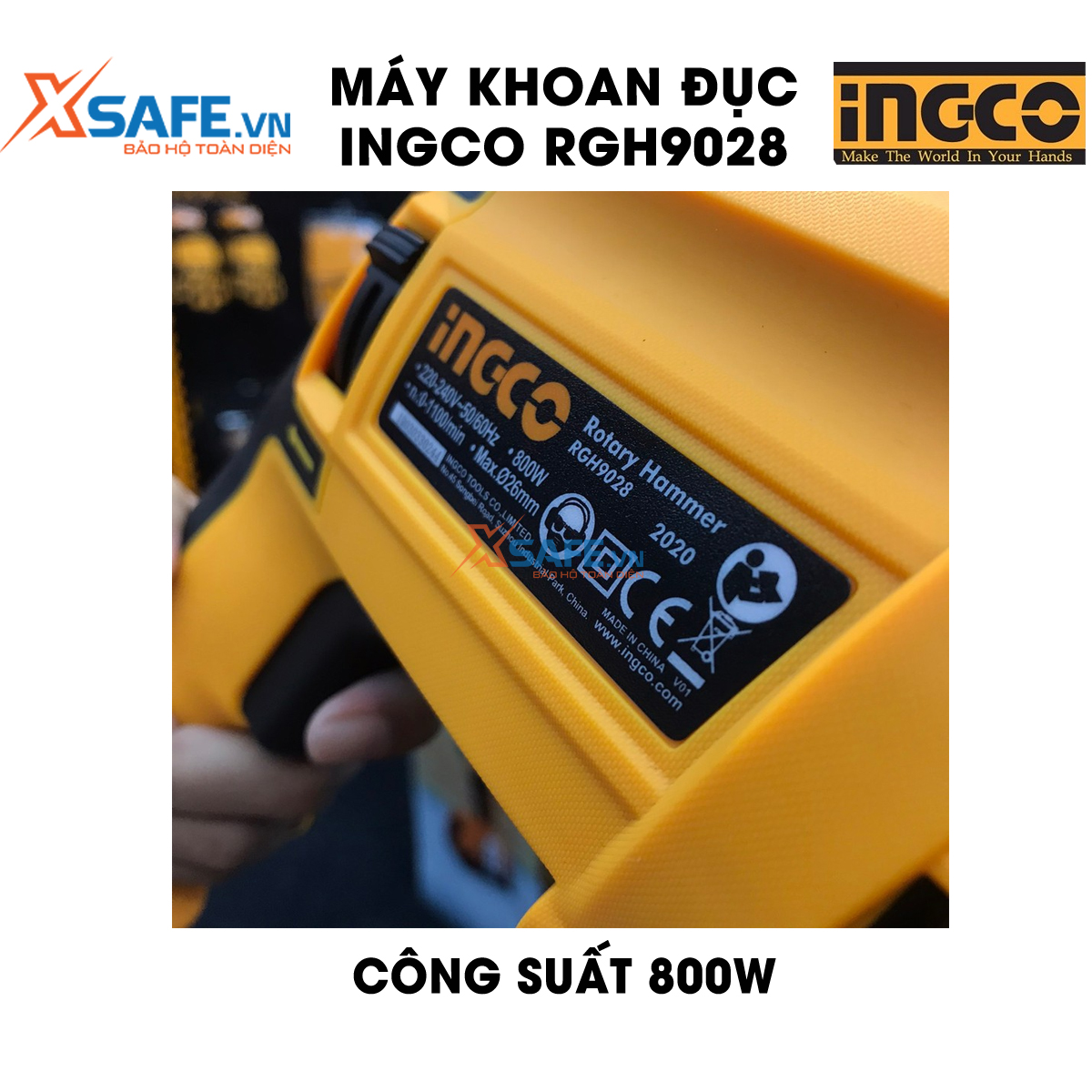 Máy khoan cầm tay 3 chức năng 800w Ingco RGH9028 đầu gài sds plus, tốc độ 1200rpm, tốc độ búa 5300bpm, lực đập 2.5j, khoan bê tông 26mm, khoan sắt 13mm, gỗ 30mm, kèm 3 mũi khoan bê tông, 2 mũi đục Máy khoan đục bê tông