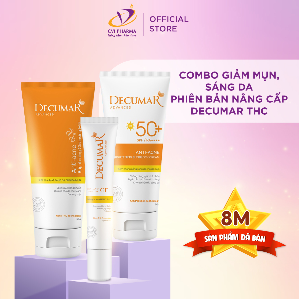 Combo 3 product prevent acne brighten the skin acne decumar advanced THC White (gel intensive acne + gel wash face bright leather + sunscreen suitable all skin types)-cbthc