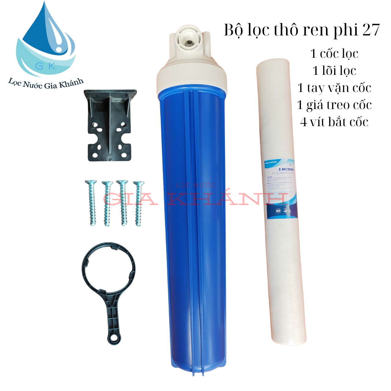 Bộ cốc lọc thô 20 inch kèm lõi + giá treo.