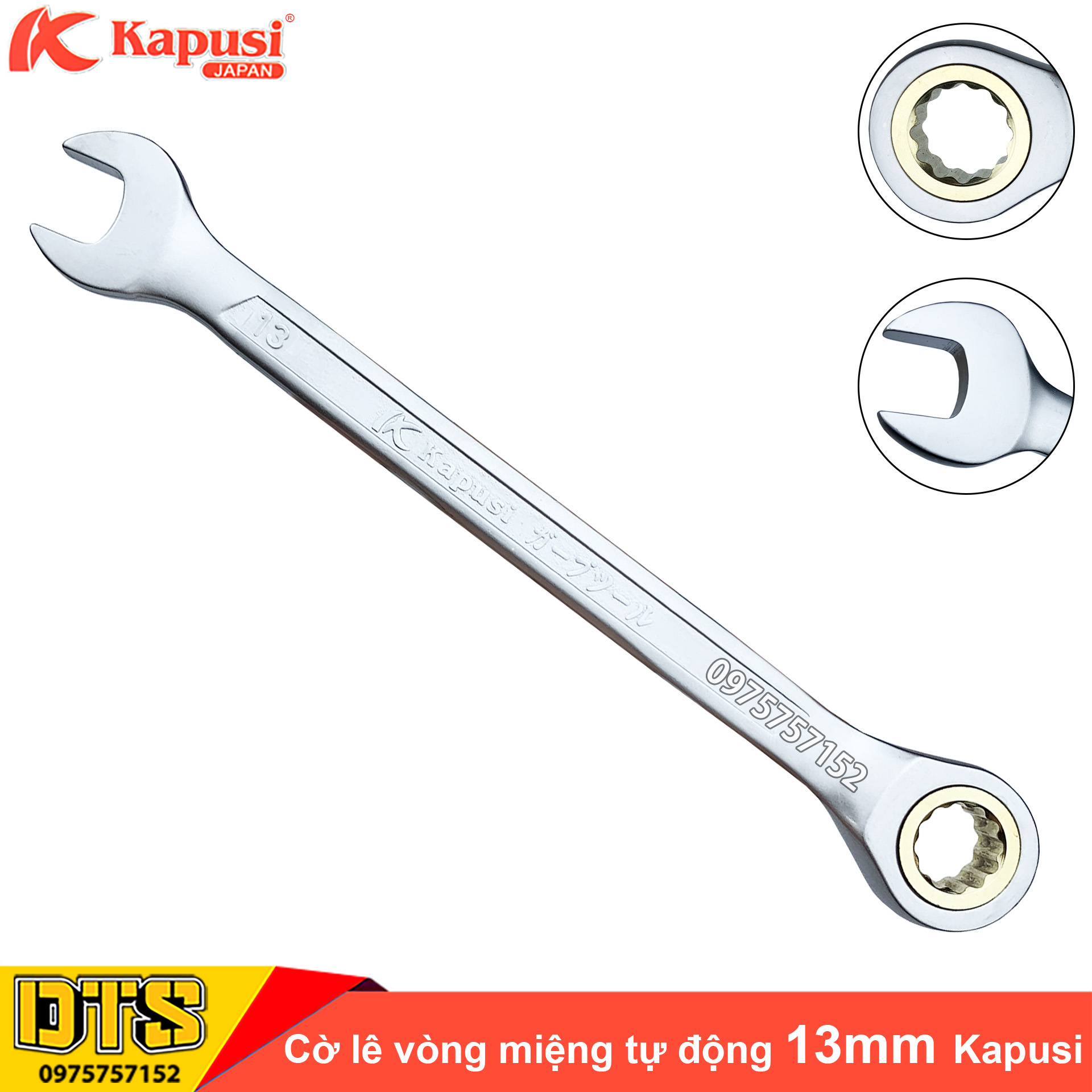 Cờ lê vòng miệng tự động 13mm Kapusi Japan, thép CR-V chịu lực cao 50BV30, đầu tròng xoay bánh cóc 72 răng - Cờ lê tự động xoay 360 độ, cờ lê bánh cóc, cờ lê tròng xoay