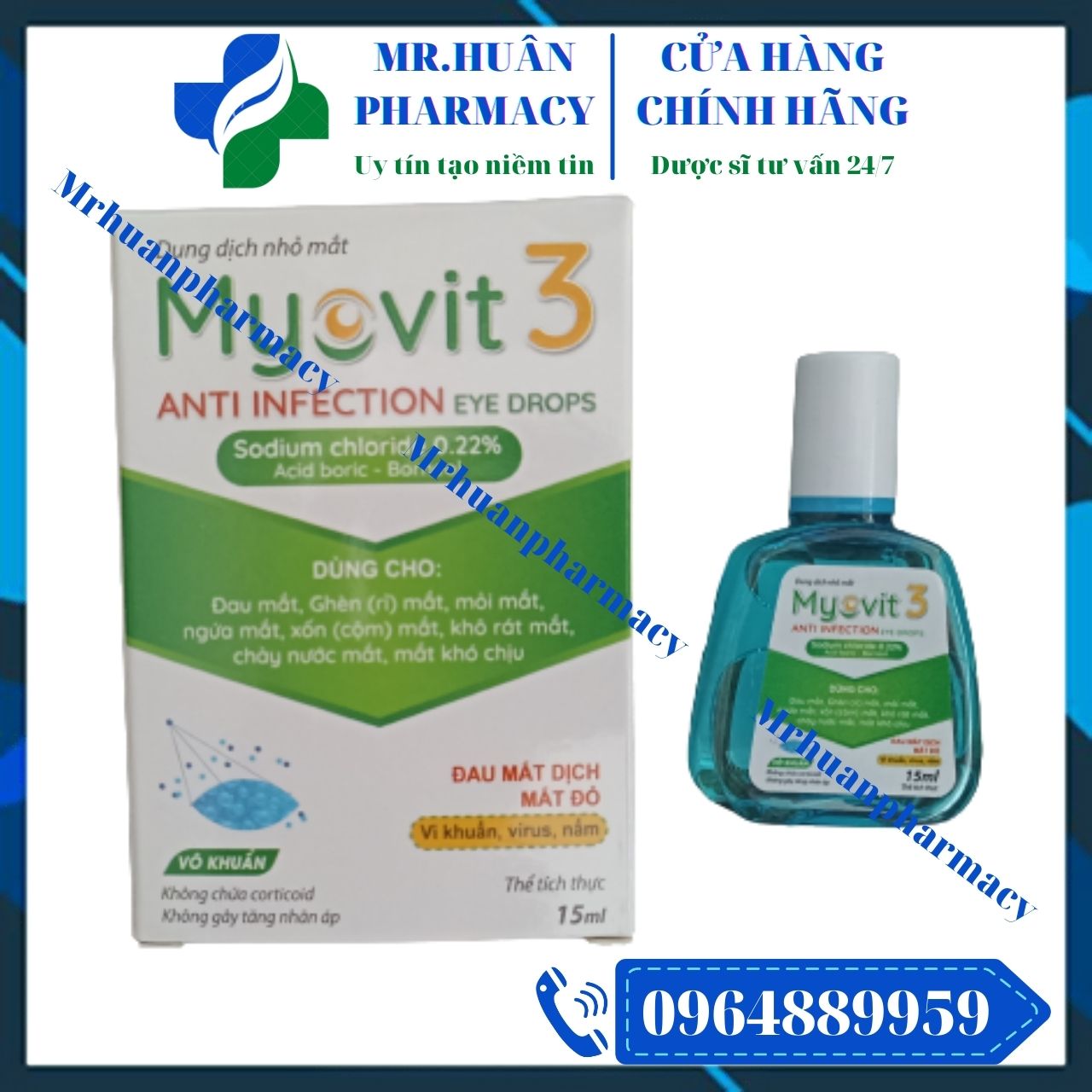 Dung dịch nhỏ mắt Myovit 3 15ml - Dùng cho đau mắt, rỉ mắt, mỏi mắt, ngứa mắt, cộm mắt, khô rát mắt, chảy nước mắt