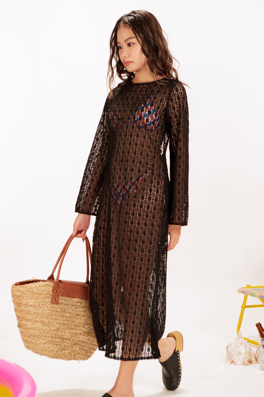 LIBÉ - Đầm crochet dài dáng suông tay dài màu đen