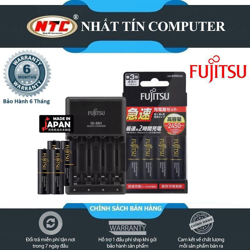 Bộ box sạc kèm 4 pin AA Fujitsu 2450mAh hỗ trợ sạc nhanh Quick charge - made in JAPAN (đen) - Nhất Tín Computer