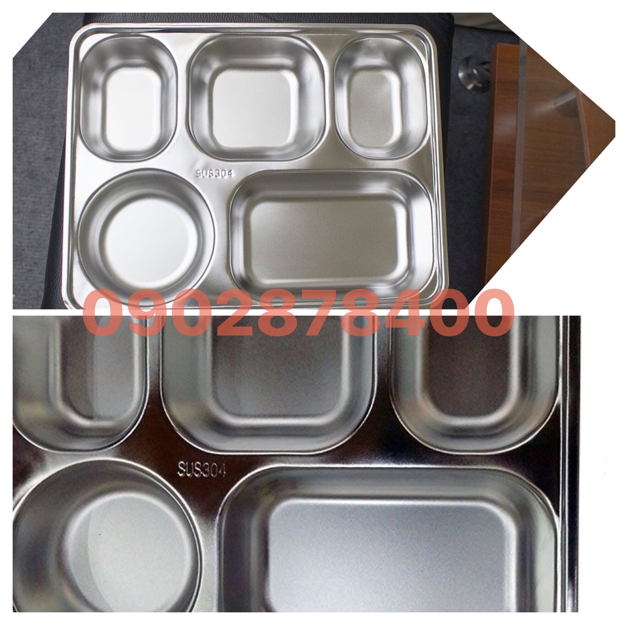 Khay cơm phần sâu lòng inox 304 cao cấp 5 ngăn lớn có nắp đậy a 33x25x4,5cm