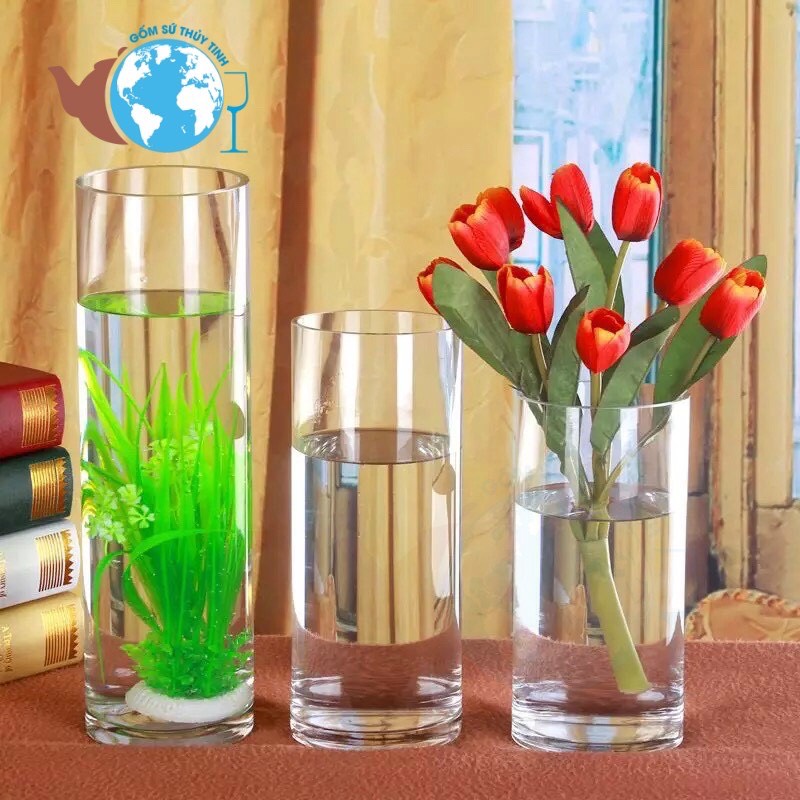 [HCM Óng trụ 24x40, đường kính trụ tròn 24cm chiều cao 40cm, ]Lọ Hoa Thủy Tinh Trụ Tròn 24X40 cm