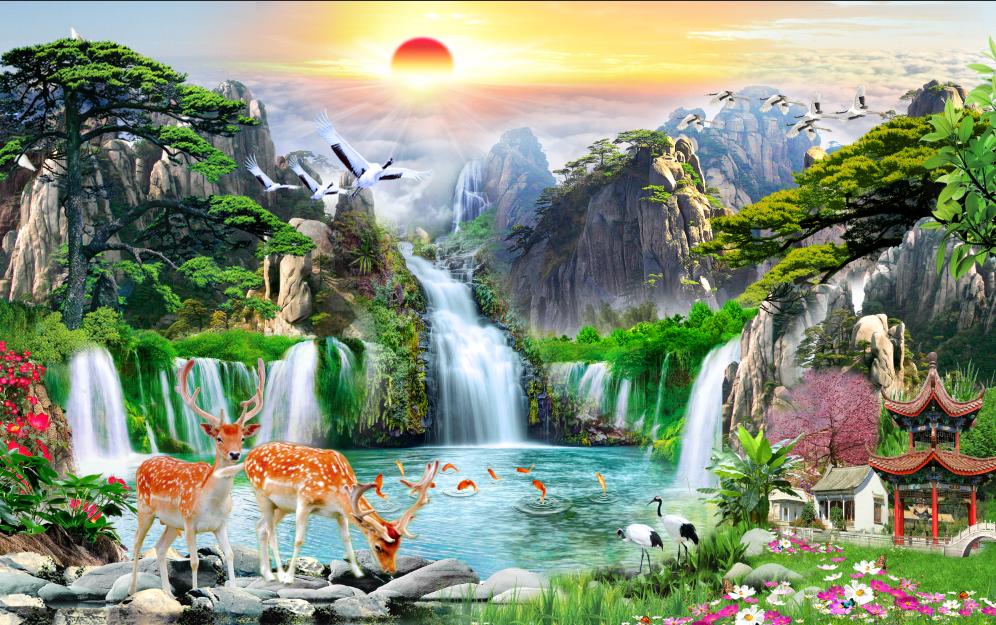 Tranh dán tường 3D Sơn thủy hữu tình kt 80cm*1m2
