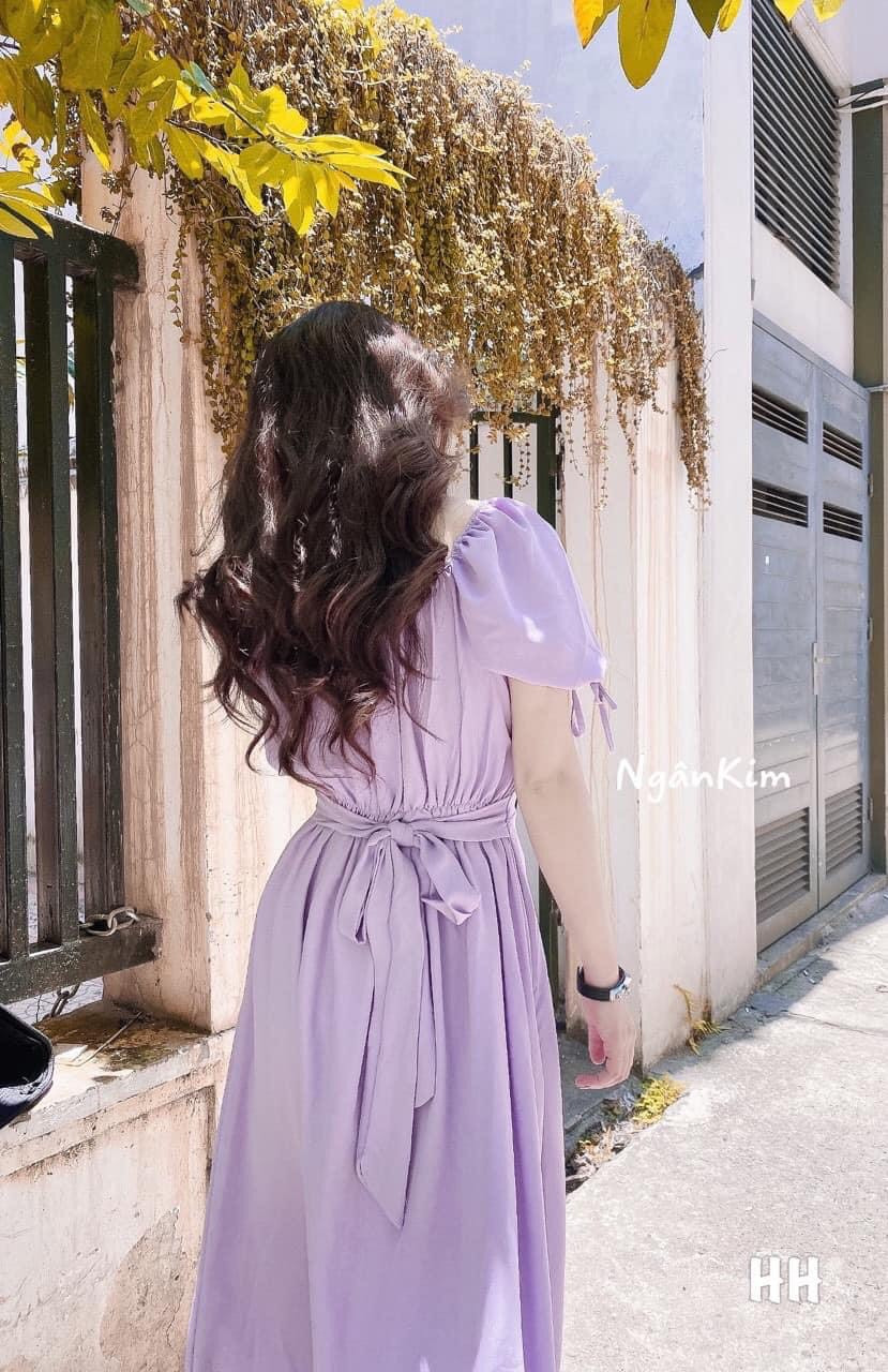 Đầm tím cổ vuông nhún ngực nơ lưng mộng mơ TTSA0444