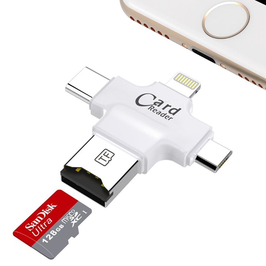 Đầu Đọc Thẻ Đa Năng 4 Trong 1 Dành Cho iPhone/Android Micro SD USB (OTG) TF/Lightning/Type-C