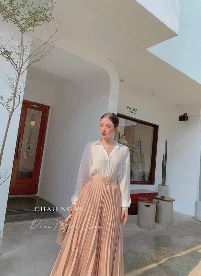 Chân váy xếp ly dáng dài kèm đai ( đai lỗ)
