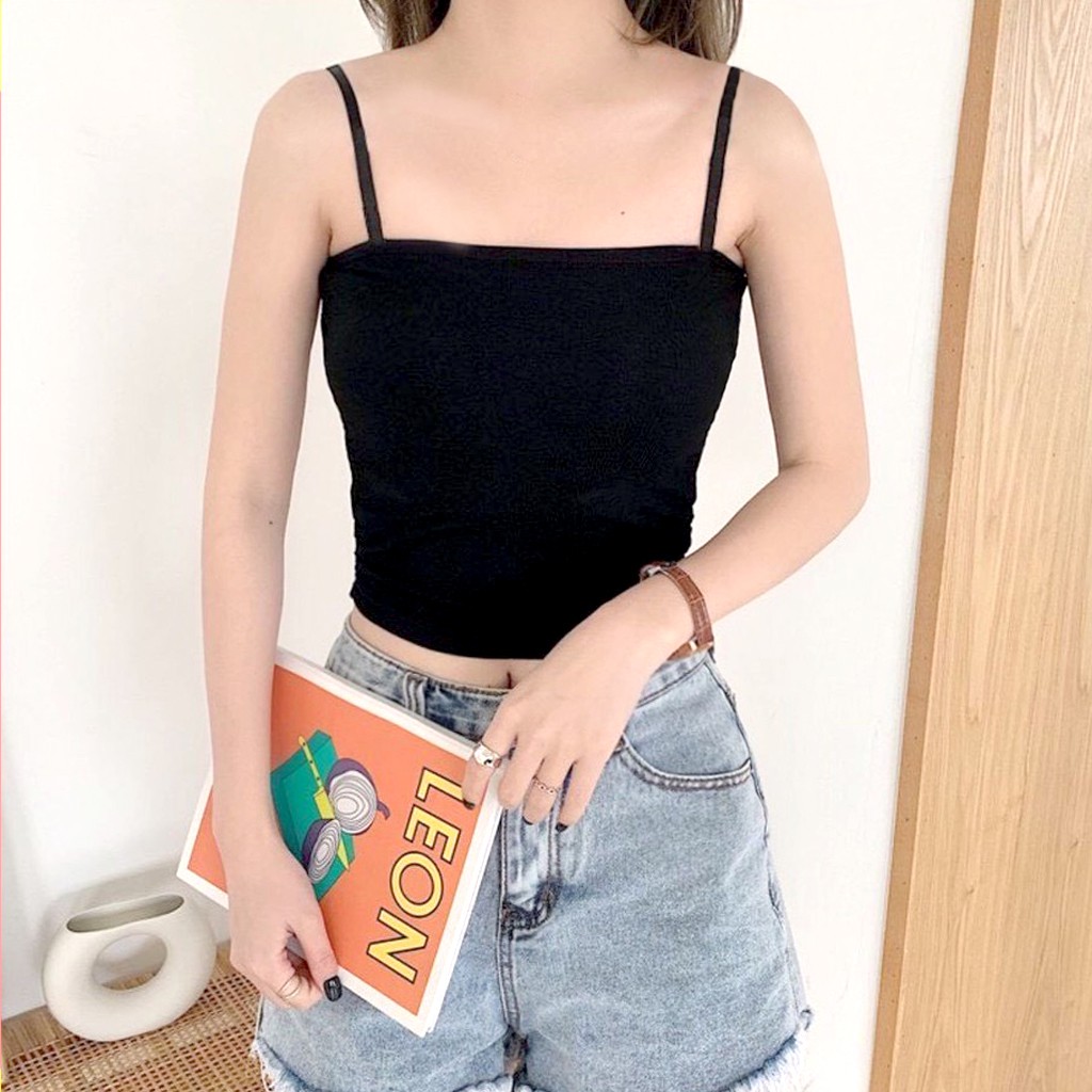[HOÀN TIỀN ĐẾN 15%]Áo Croptop Ngang Eo Nữ Màu Đen 2 Dây Thun Gân Dày