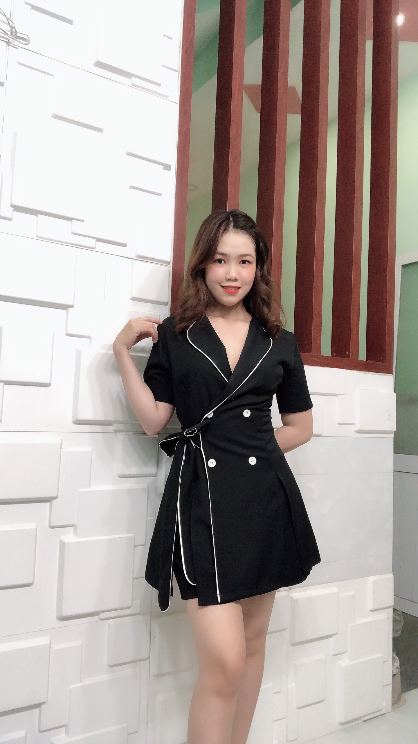 Set đầm công sở cổ vest có nơ thắt eo