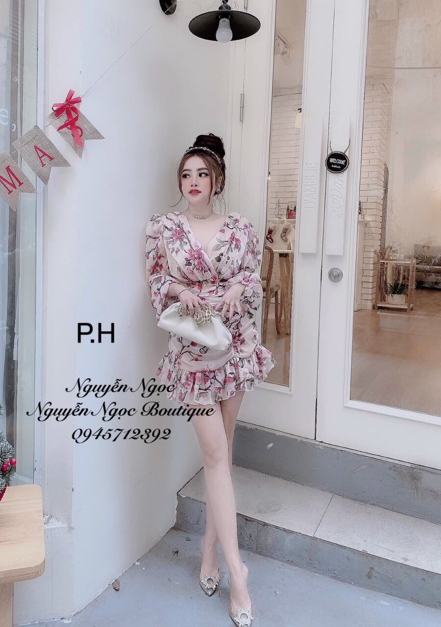 [HCM]Đầm hoa body đuôi cá cổ đắp chéo tay lỡ