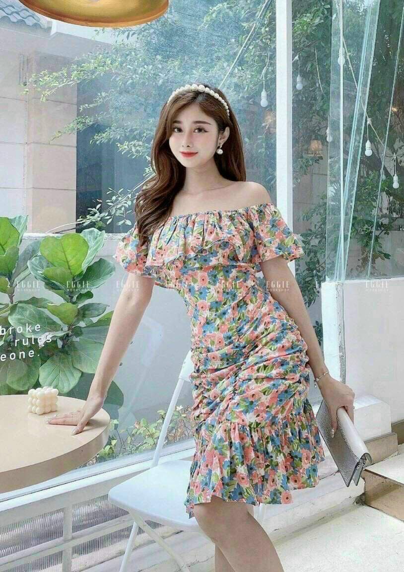Đầm Trễ Vai Hoa Lụa Đuôi Cá FashionLyLy