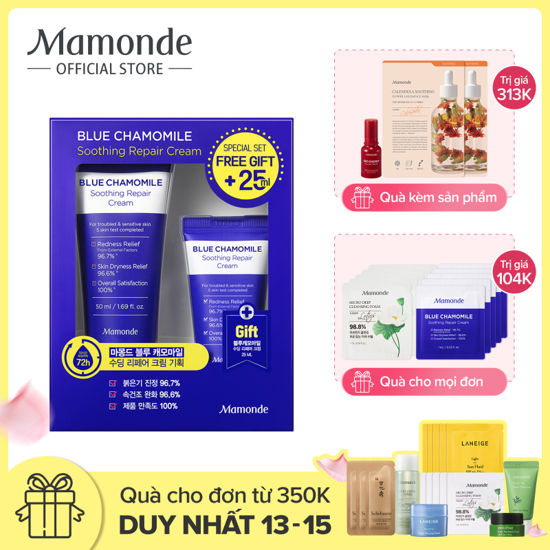 Bộ Kem Dưỡng Phục Hồi Và Làm Dịu Cho Da Nhạy Cảm Mamonde Blue Chamomile Soothing Repair Cream 50ml + 25ml giá rẻ