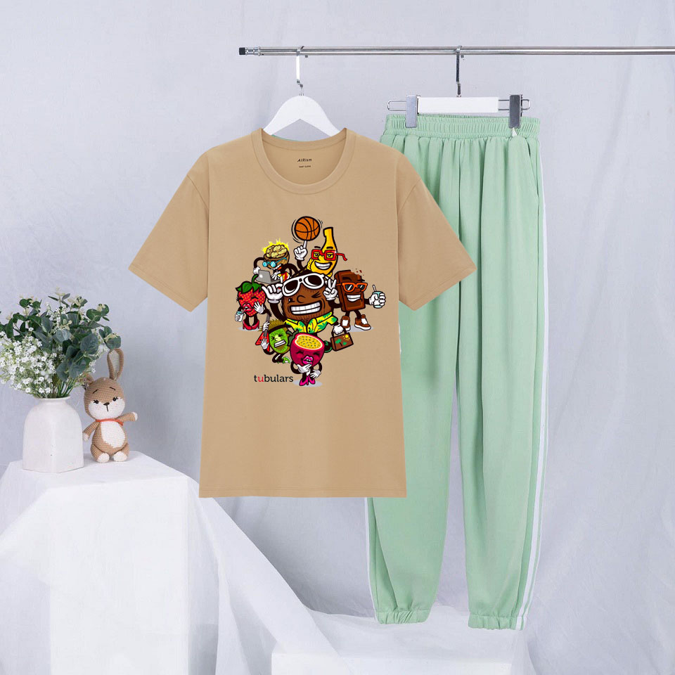 Sét Bộ Đồ Mùa Hè Ulzzang Nữ Xinh Cute Mặc Đi Chơi Dạo Phố, Chất Liệu Áo Cotton Organic Màu Da Ngắn Tay Cổ Tròn In 3D Tranh Tubulars Cute Kèm Quần Thun Bo Chun Gấu Hai Rót Phong Cách