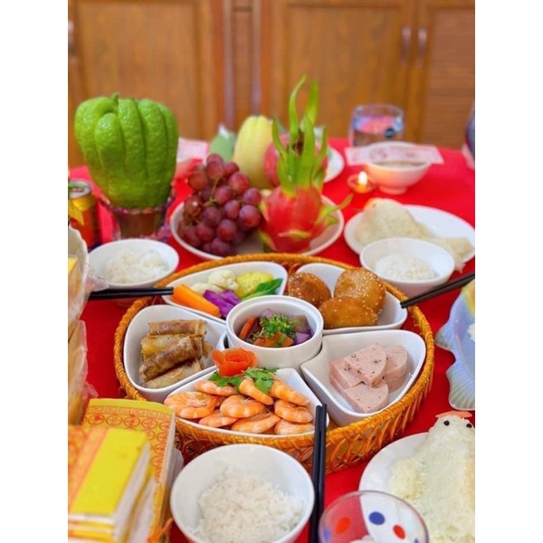 Bộ đĩa 5 cánh hoa đào sứ bát tràng kèm khay