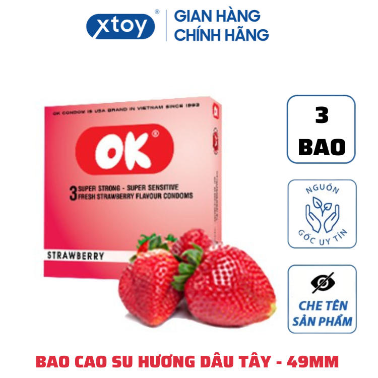 Bao Cao Su OK Hương Dâu Tây Strawberry 49mm - Hộp 3 hoặc 1 bcs