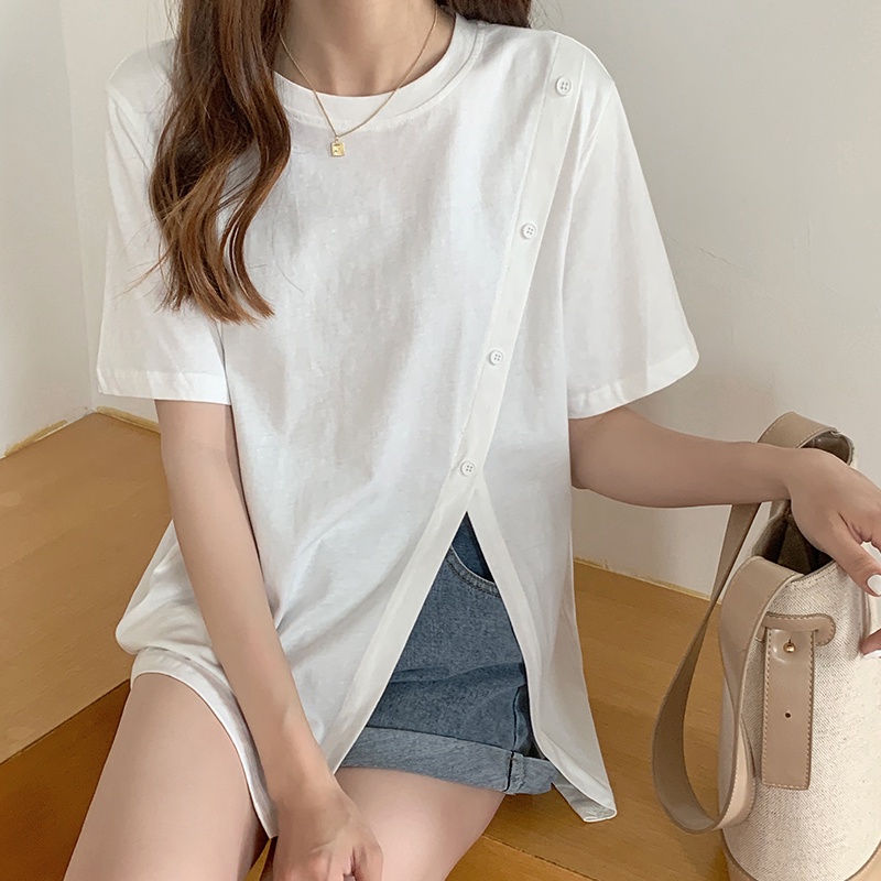 Áo thun nữ xẻ tà phối nút tay ngắn style Hàn quốc