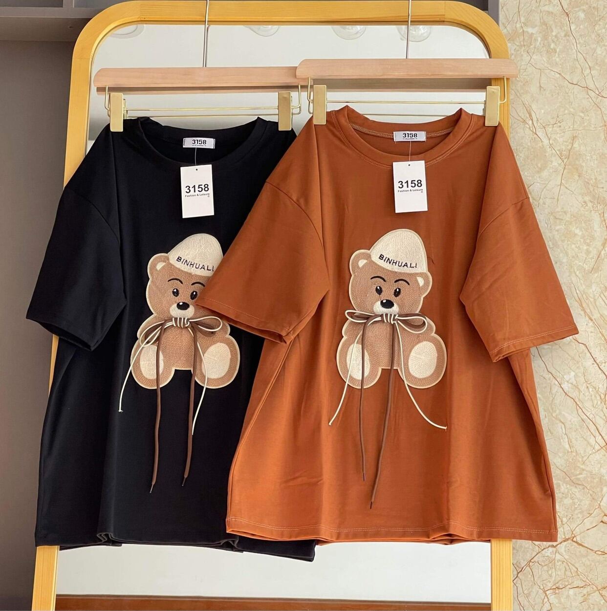 Áo Thun 3158 Thêu Gấu Dây - Chất Cotton 4 Chiều