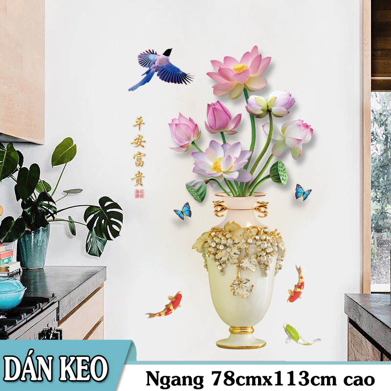 [HCM]Decal trang trí tường - Bình Hoa Sen kiềng 3D. Decal in trên chất liệu PVC có keo sẵn ở mặt sau chỉ cần lột ra và dán có thể lau chùi bằng nước công nghệ in rõ nét không bay màu.